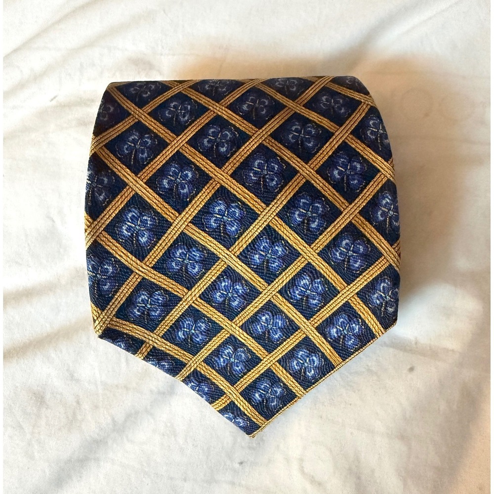 H. Stockton Atlanta Necktie Mens OS Blue Gold Excellent Silk Lattice Floral Tie